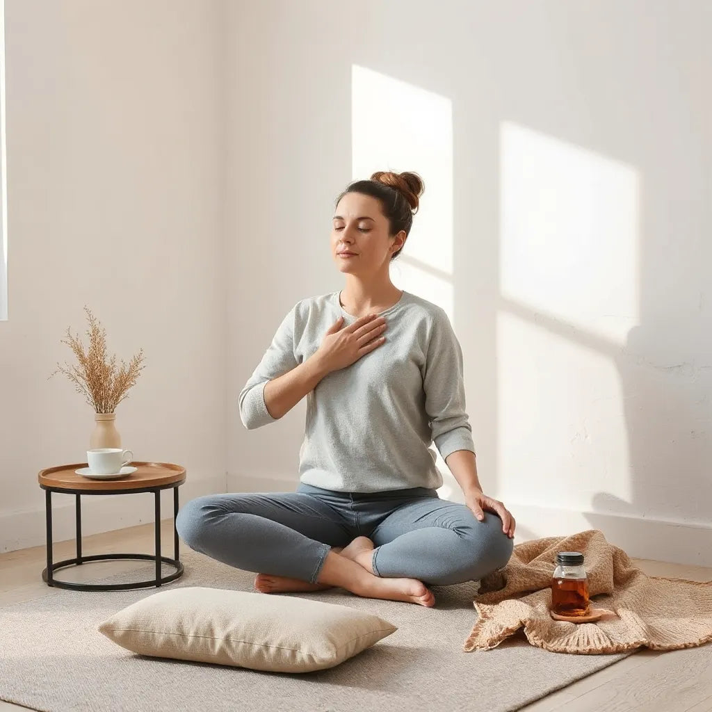 Person seated calmly, hand over heart, practicing mindful breathing in a softly lit, uncluttered room