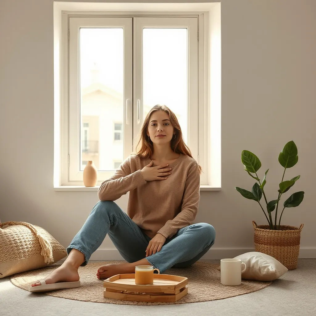 Person sitting by a window with a hand over the heart, looking calm and confident