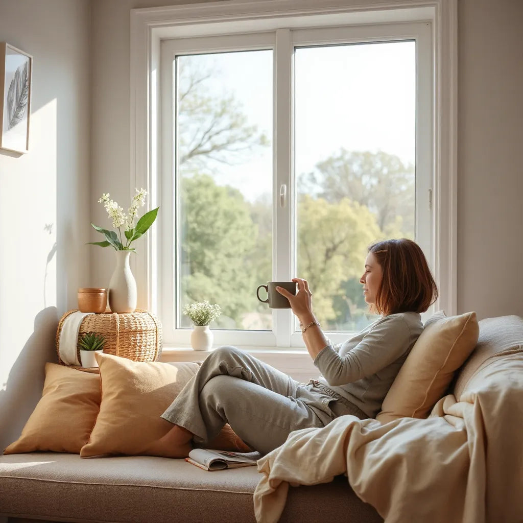 Person sitting by a window with a warm mug, hands over heart in a calm, supportive setting