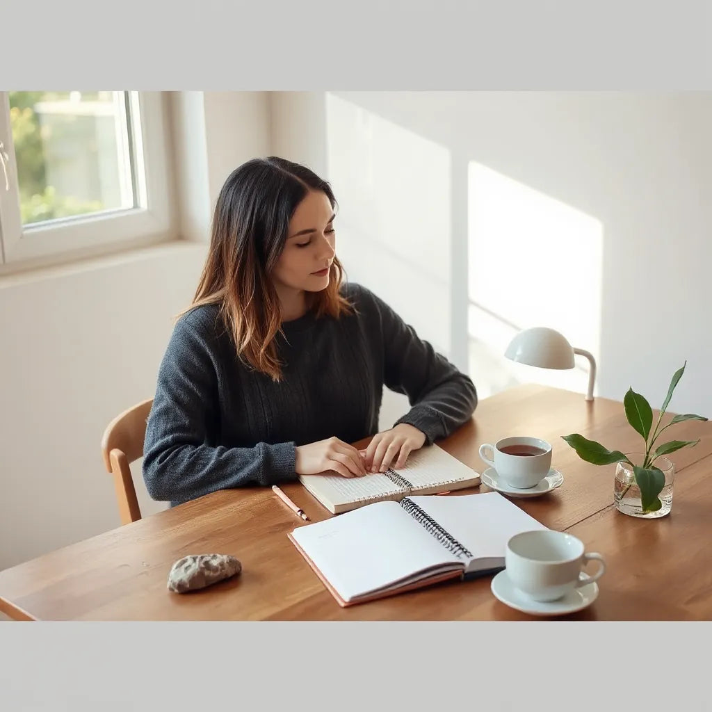 Calm person journaling at a wooden table with warm light, a notebook, tea, and small natural details