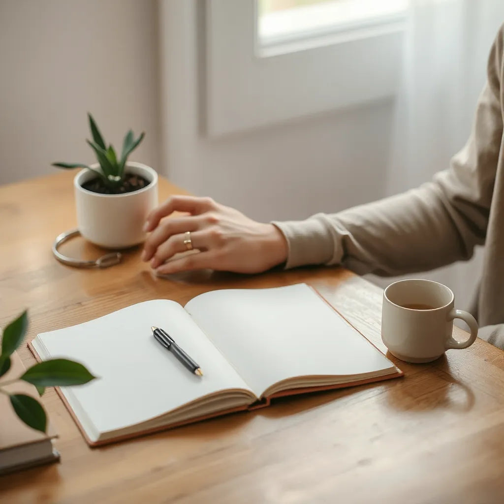 Person writing in an open journal at a desk with warm light and calming plants nearby