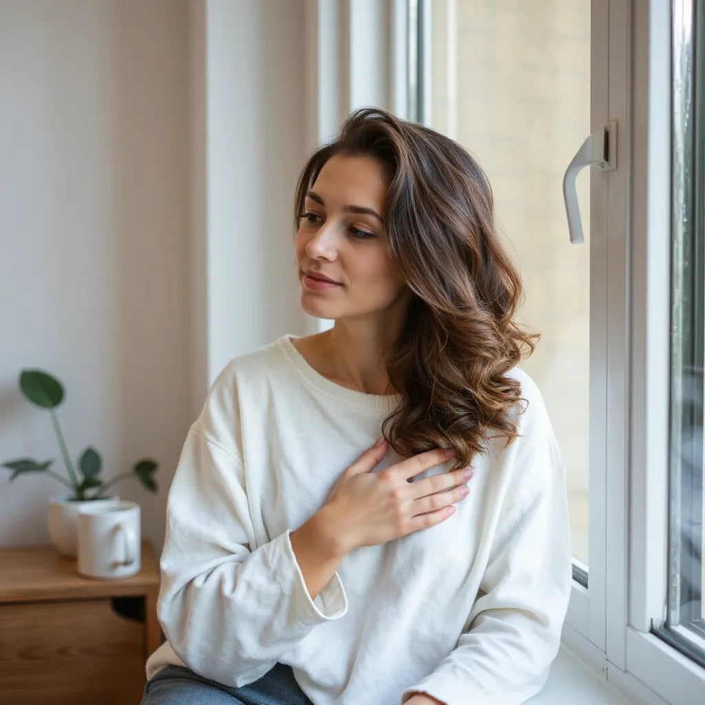 Person sitting by a window with a hand on the heart, calm and self-soothing