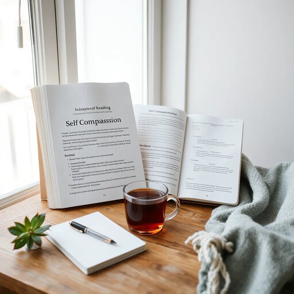 Open self-compassion workbook on a wooden table in a softly lit cozy reading nook with a pen and tea