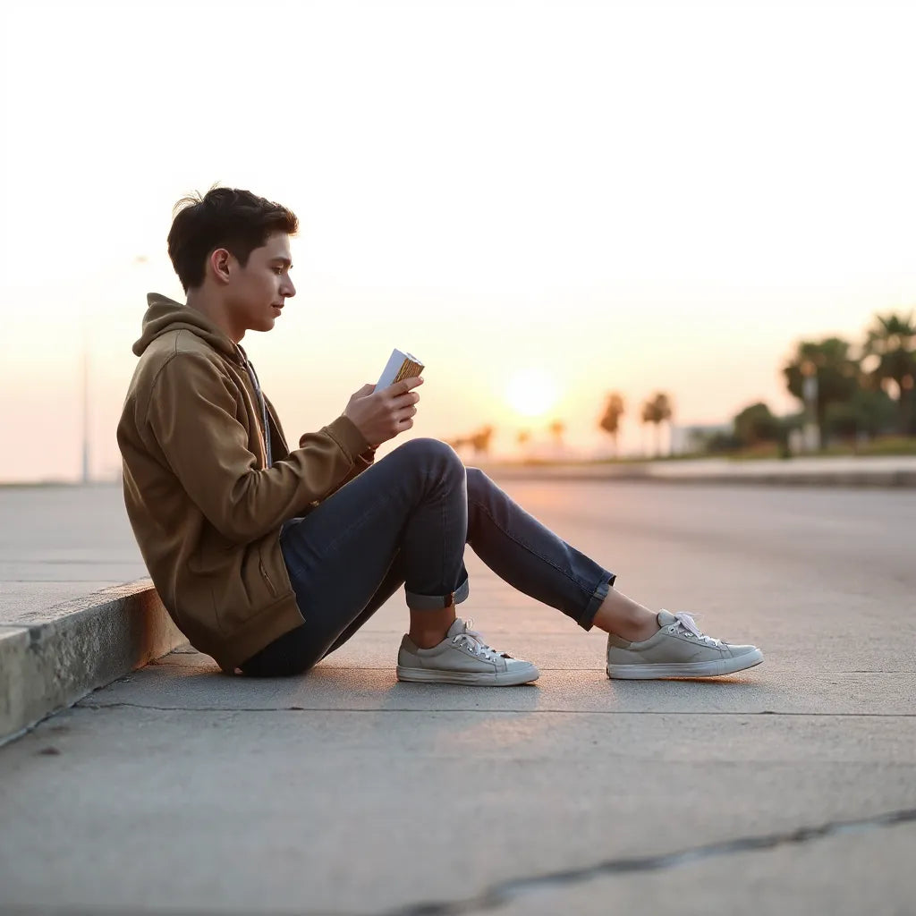 Person sitting calmly at sunset, holding a notebook and looking grounded while recovering from hard times