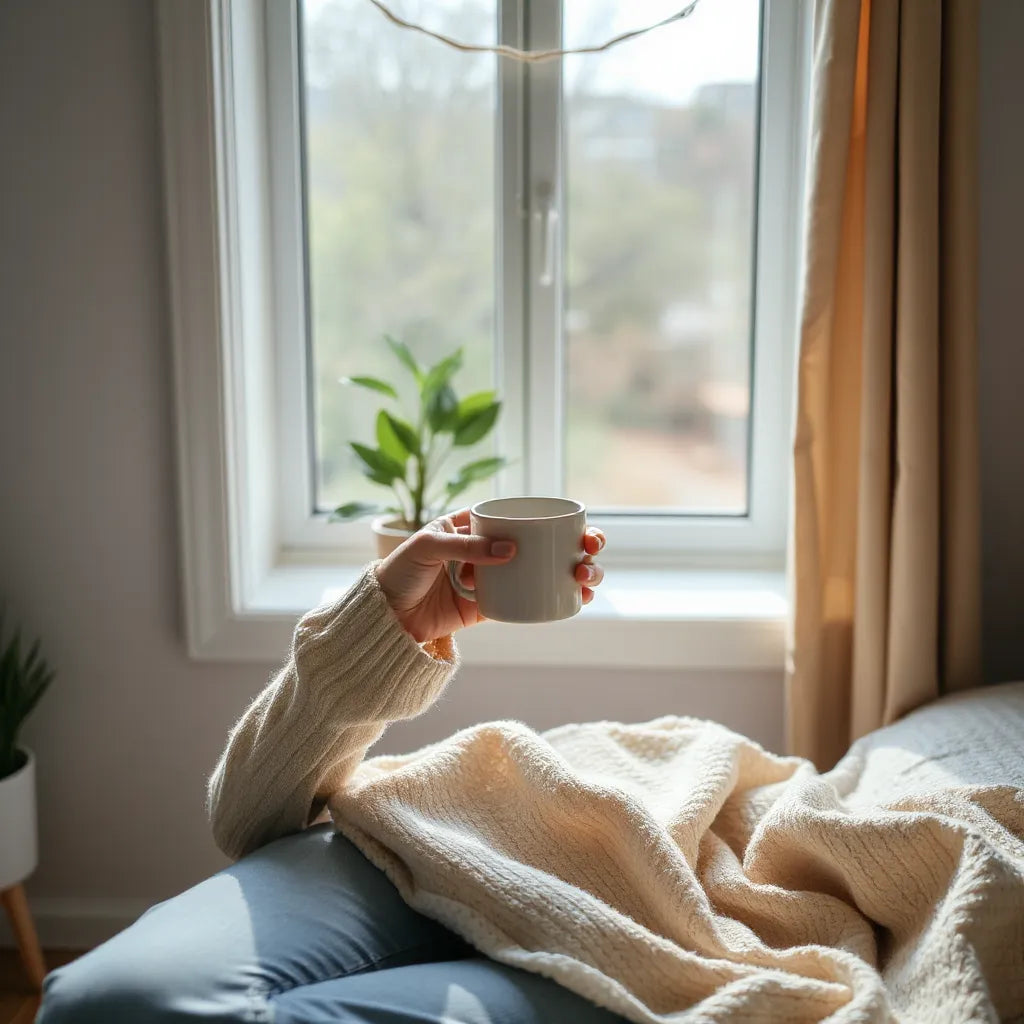Person seated by a window holding a warm mug, appearing calm and supported during emotional recovery