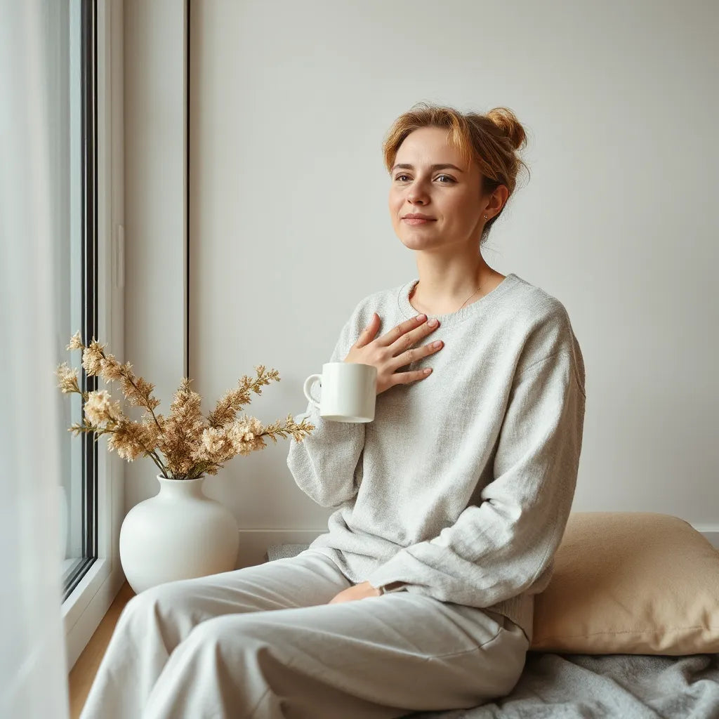 Person sitting by a window with a warm mug, hand over chest, calm and self-soothing