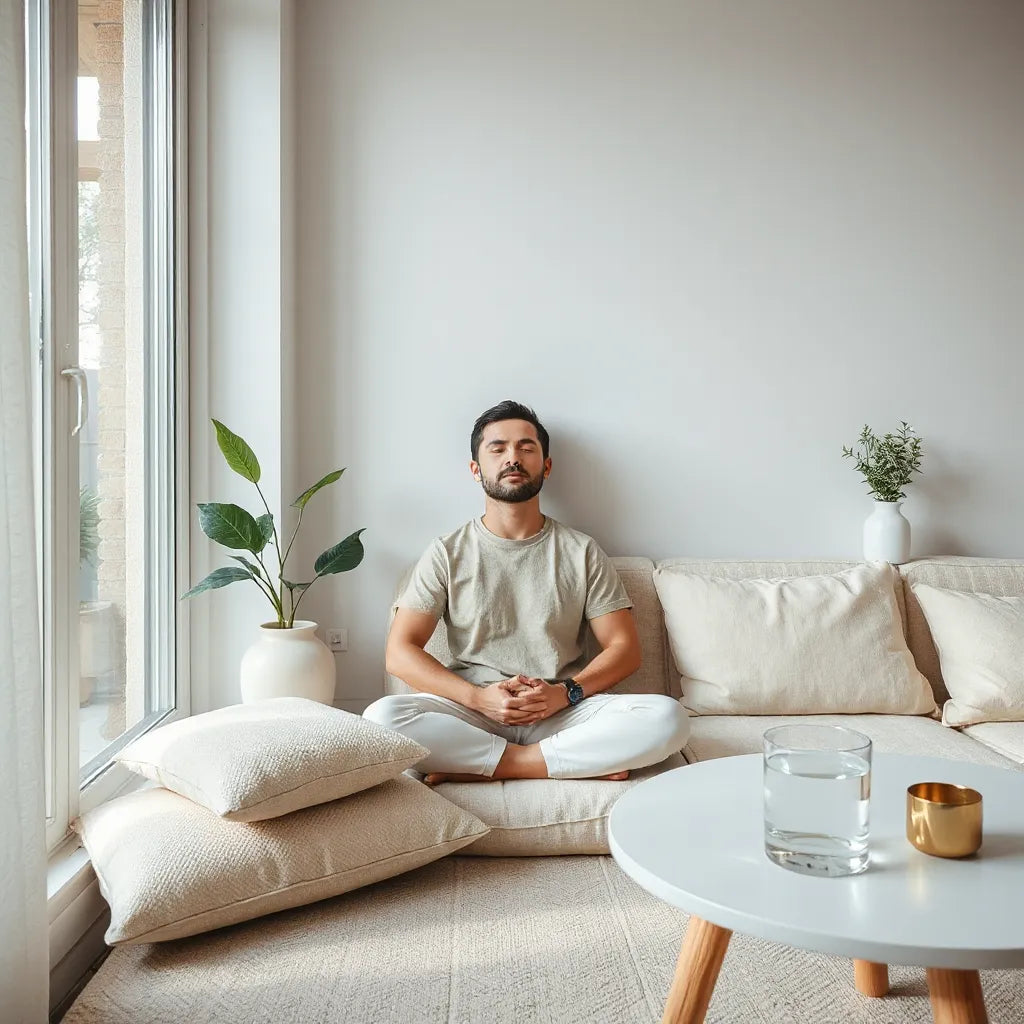 Person meditating in a quiet, sunlit room with a cushion and calm minimalist decor