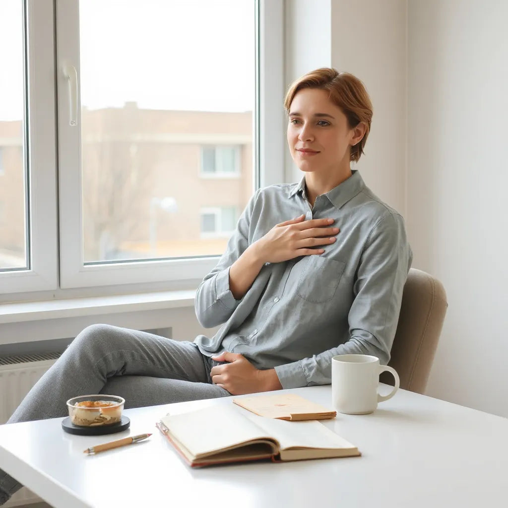 Calm person sitting by a window with hands over the heart and natural morning light