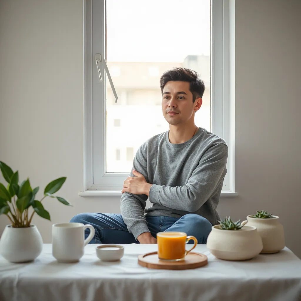 Person sitting by a window in soft light, relaxed expression suggesting self acceptance and inner calm
