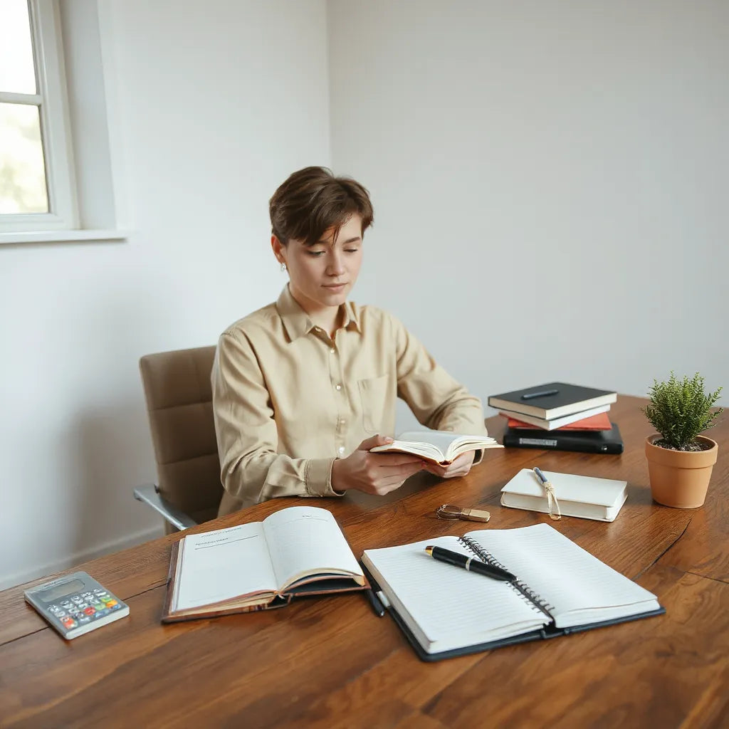 Person writing in an open notebook at a calm desk with a small plant and soft daylight