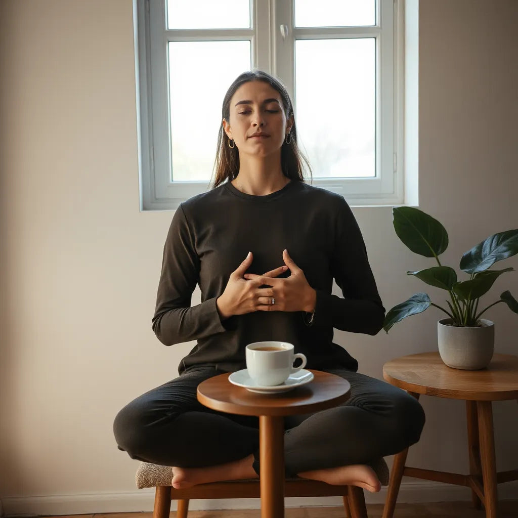 Person seated near a window practicing calm breathing with relaxed posture and soft natural light