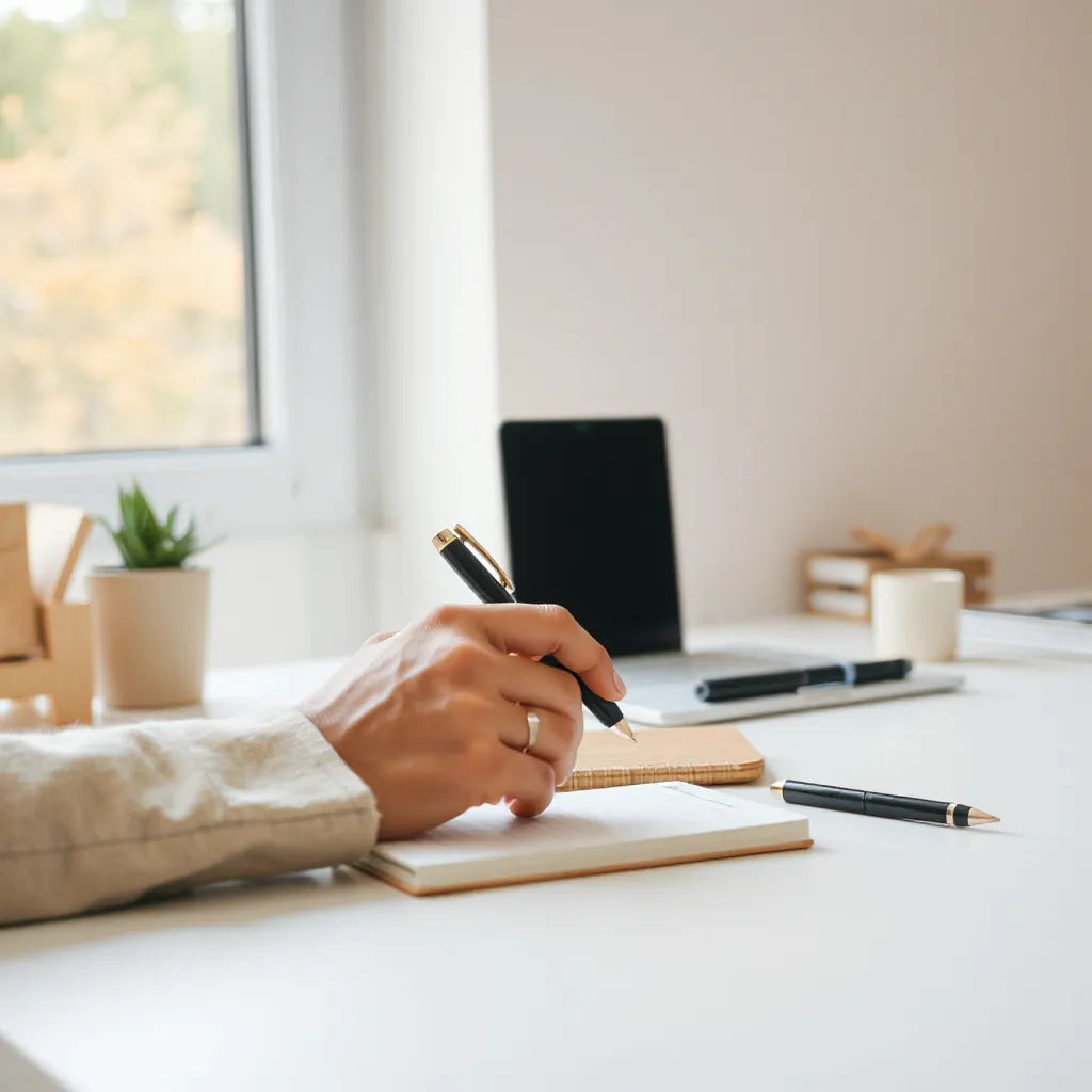 Person starting a small task at a desk with a notebook and pen under soft natural light