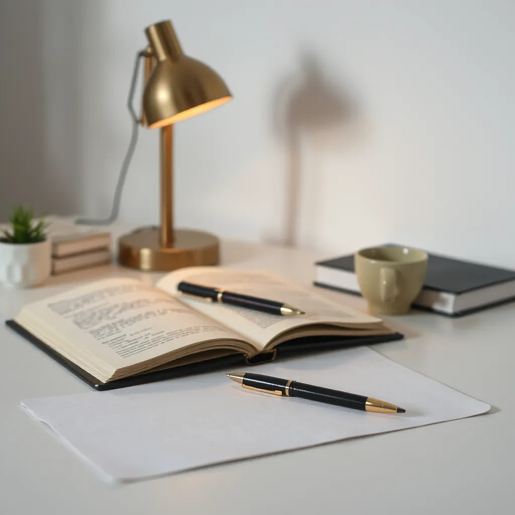 Open journal on a desk with a pen and warm lamp light for mindful emotional reflection