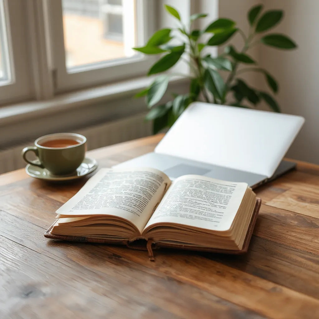 Open mindfulness journal and tea on a minimalist table in soft morning light