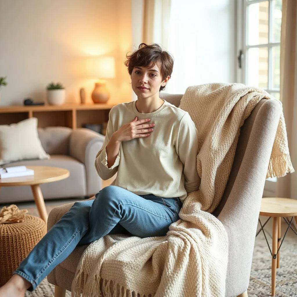 Person sitting calmly with a hand on their heart in warm, quiet light