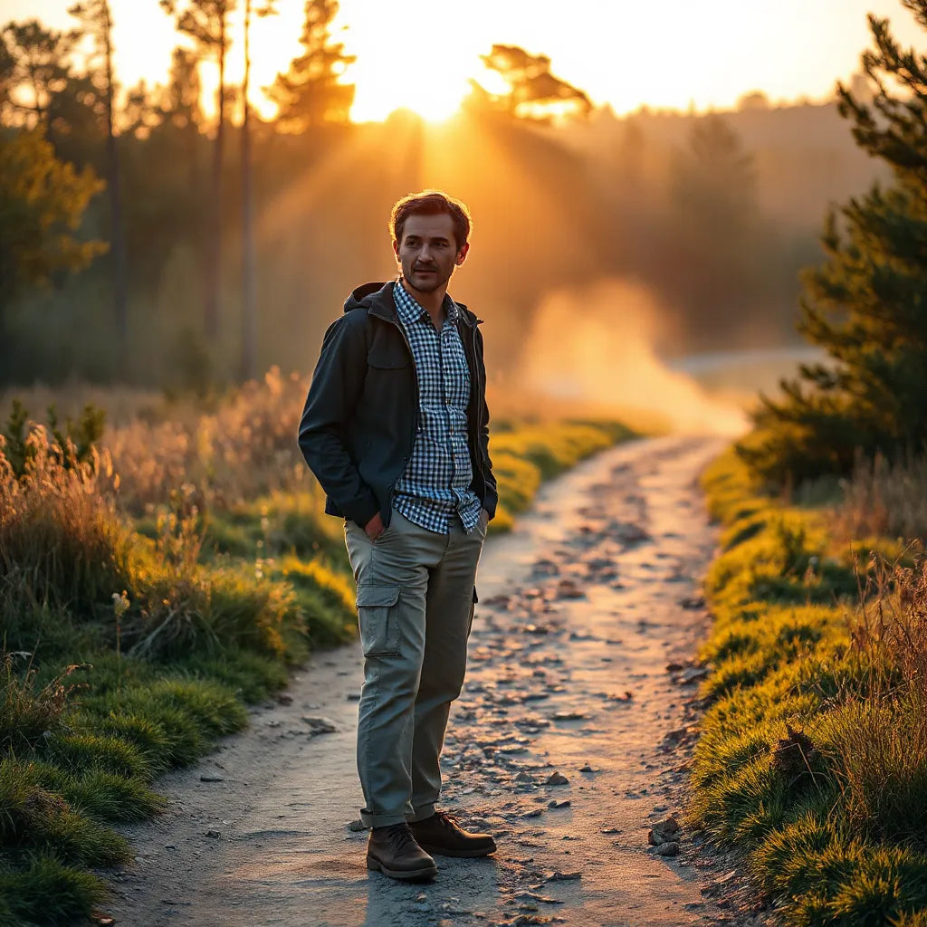 Person standing on a sunrise trail, looking ahead with calm determination