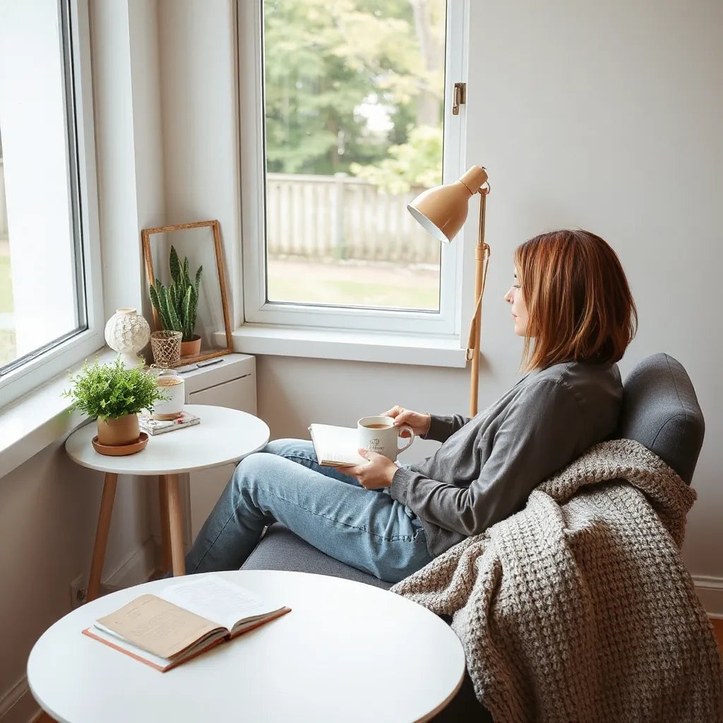 Person journaling at a calm table by a window with a mug and soft natural light