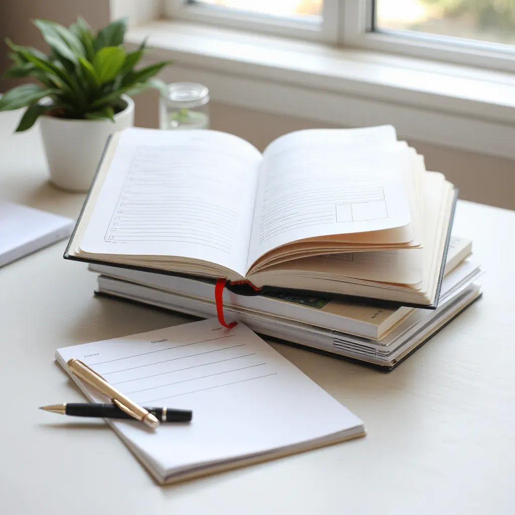 Neatly stacked personal development workbooks on a desk beside a pen, open pages and soft natural light