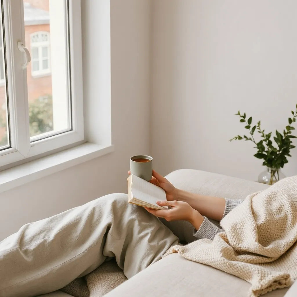 Person sitting by a window holding a self-care journal and tea in a calm, cozy space