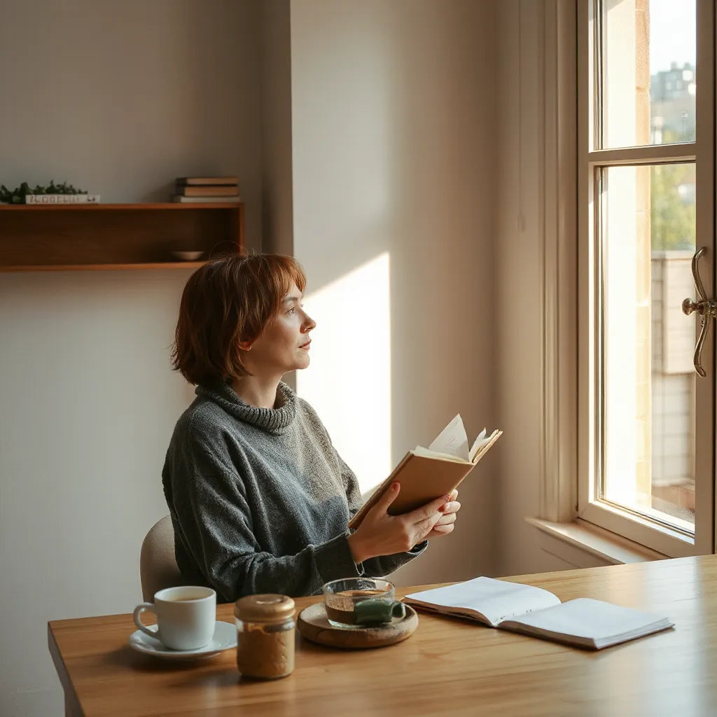 Person by a window holding a notebook, looking reflective in warm natural light