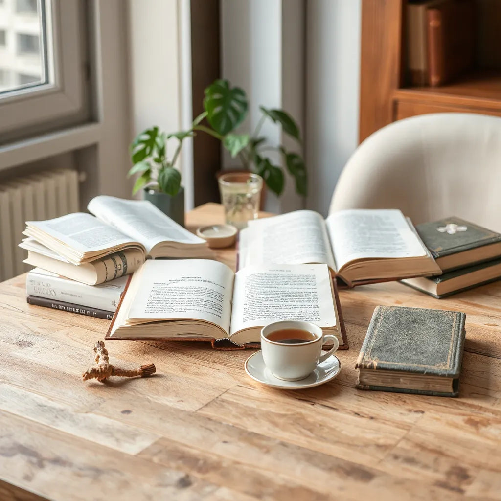 Open books on emotional wellness with warm light on a wooden table