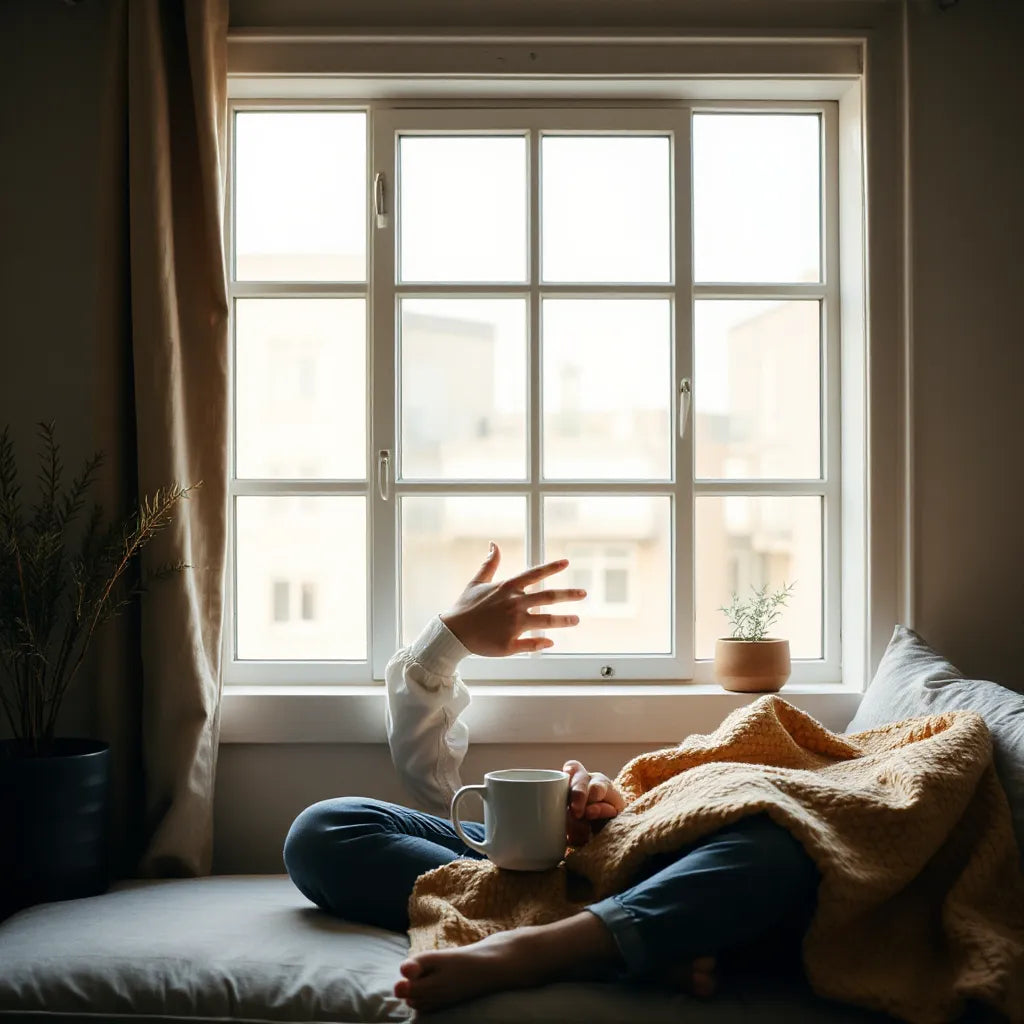 Person sitting by a window with a hand on the heart, looking calm and compassionate toward themselves.