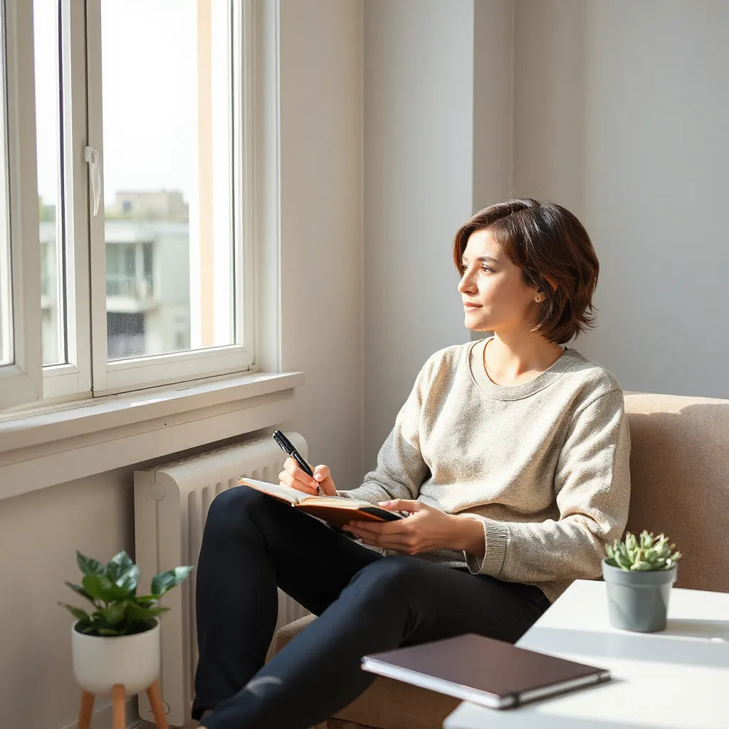 Person journaling by a window with soft morning light and a calm, uncluttered workspace