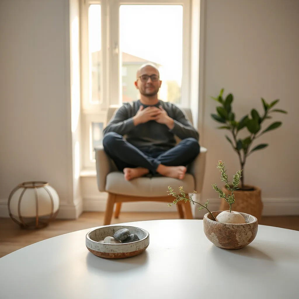 Person seated by a window with warm light, hands over heart, minimal decor suggesting calm self-healing