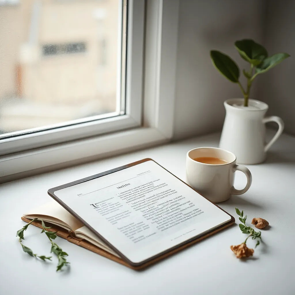 Open e-reader on a calm desk with warm light, plant, and minimal healing atmosphere