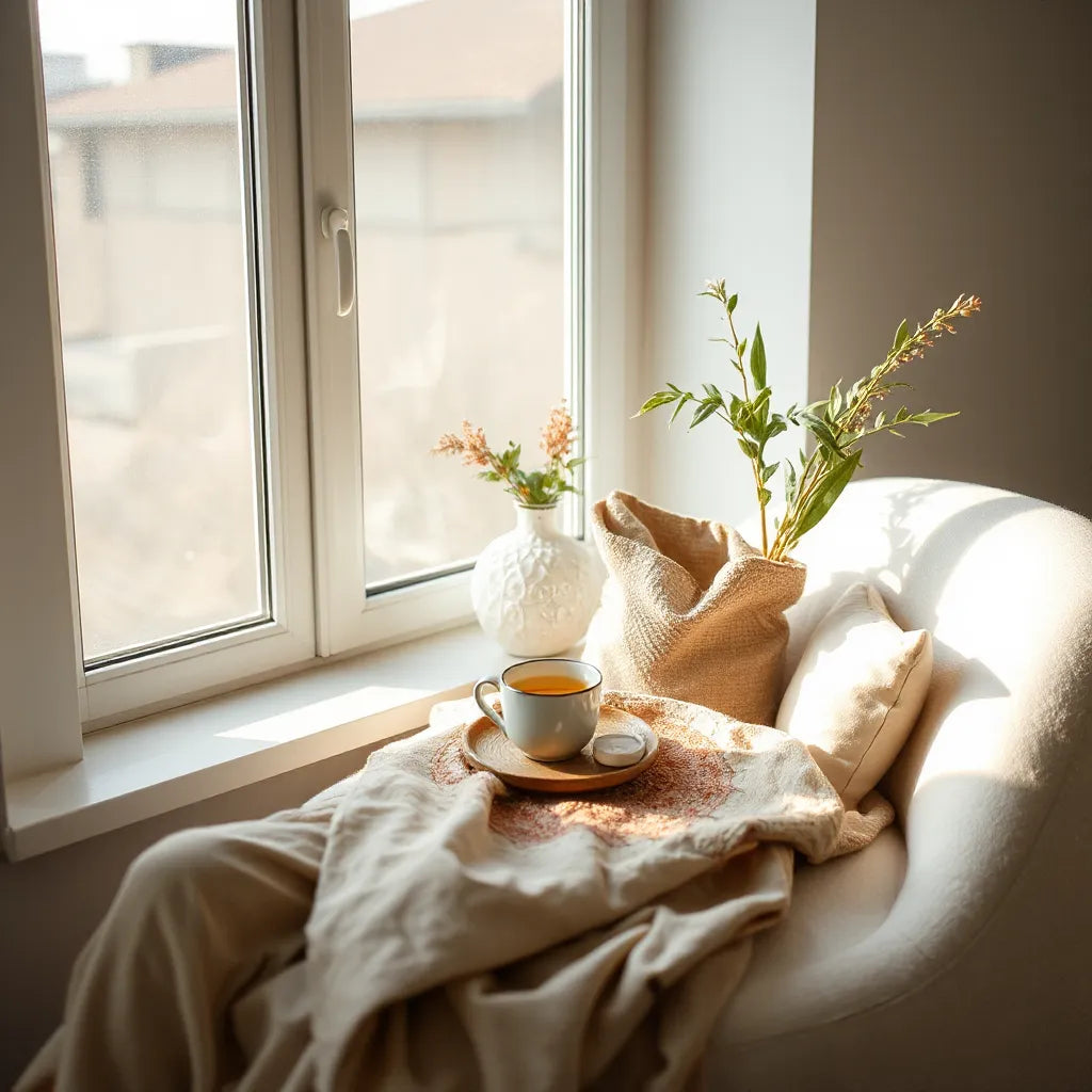 Person in warm morning light with herbal tea, plants, and calming wellness elements on a tidy windowside