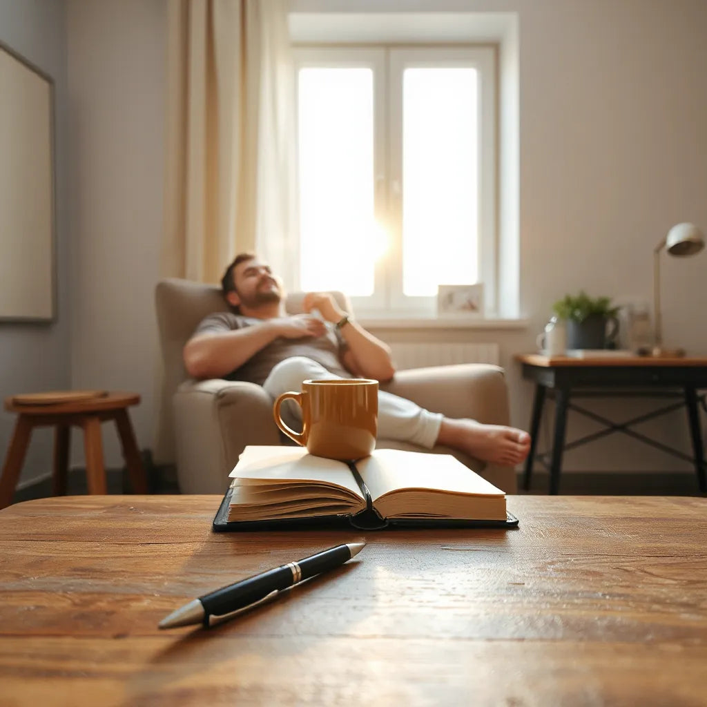 Calm person seated by a window, hand on chest, journal and mug on a table for emotional healing guidance.