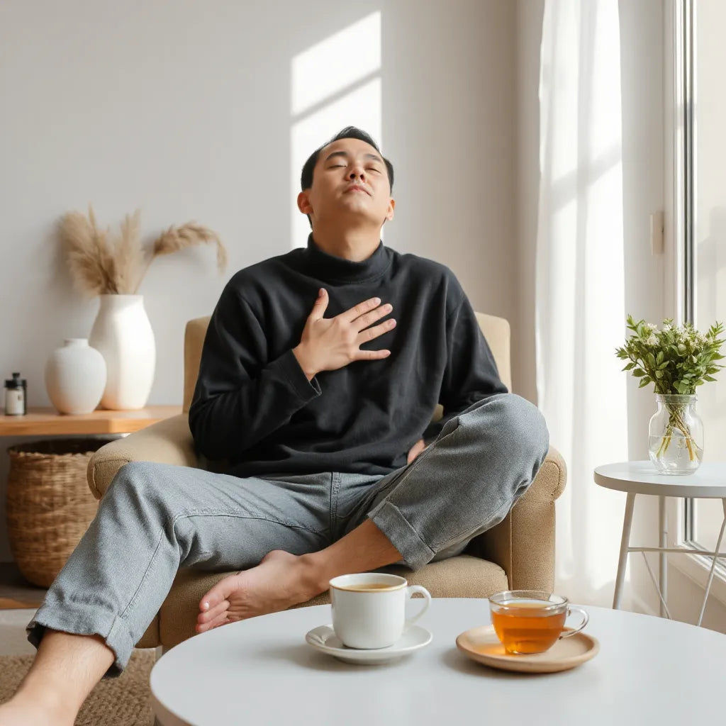 Person sitting calmly with a hand over their heart in soft natural light, suggesting nervous system relief
