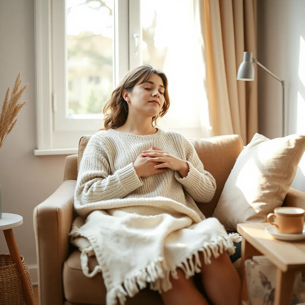 Person seated calmly with hands over the heart during a quiet self-care routine in warm natural light