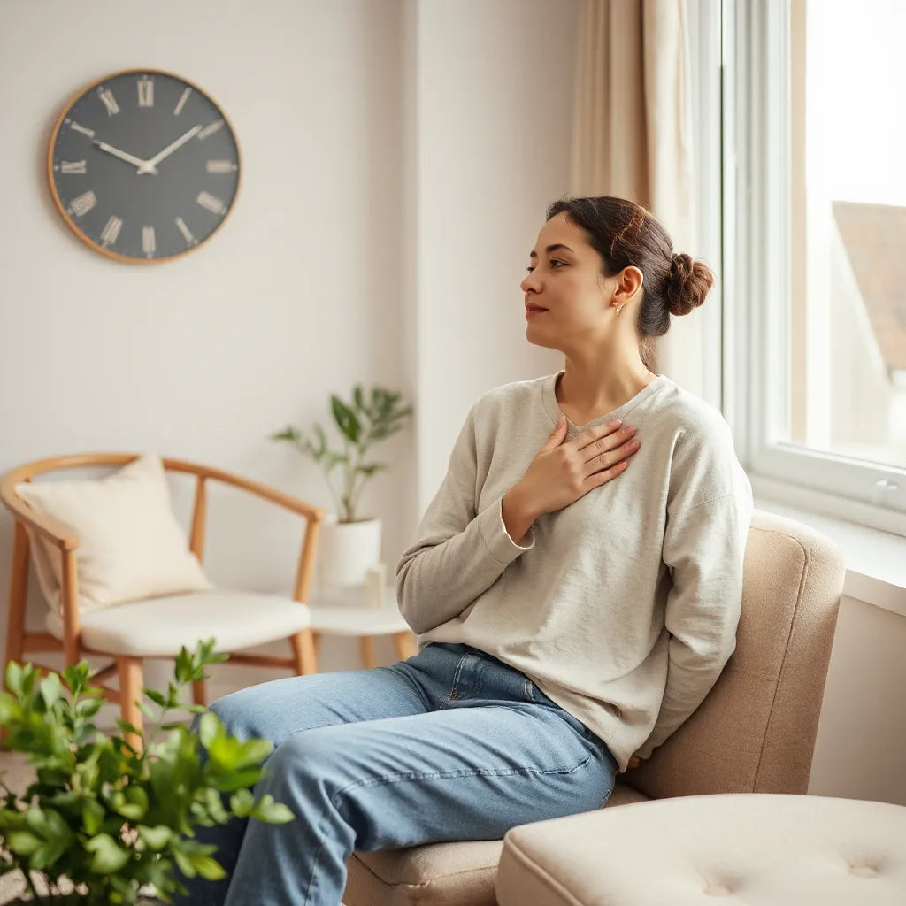 Person sitting by a window with hand over heart, expressing self-compassion and calm self-acceptance