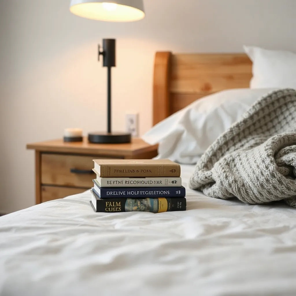 Stack of calming and regulation books on a nightstand with warm lamp light in a cozy bedroom setting