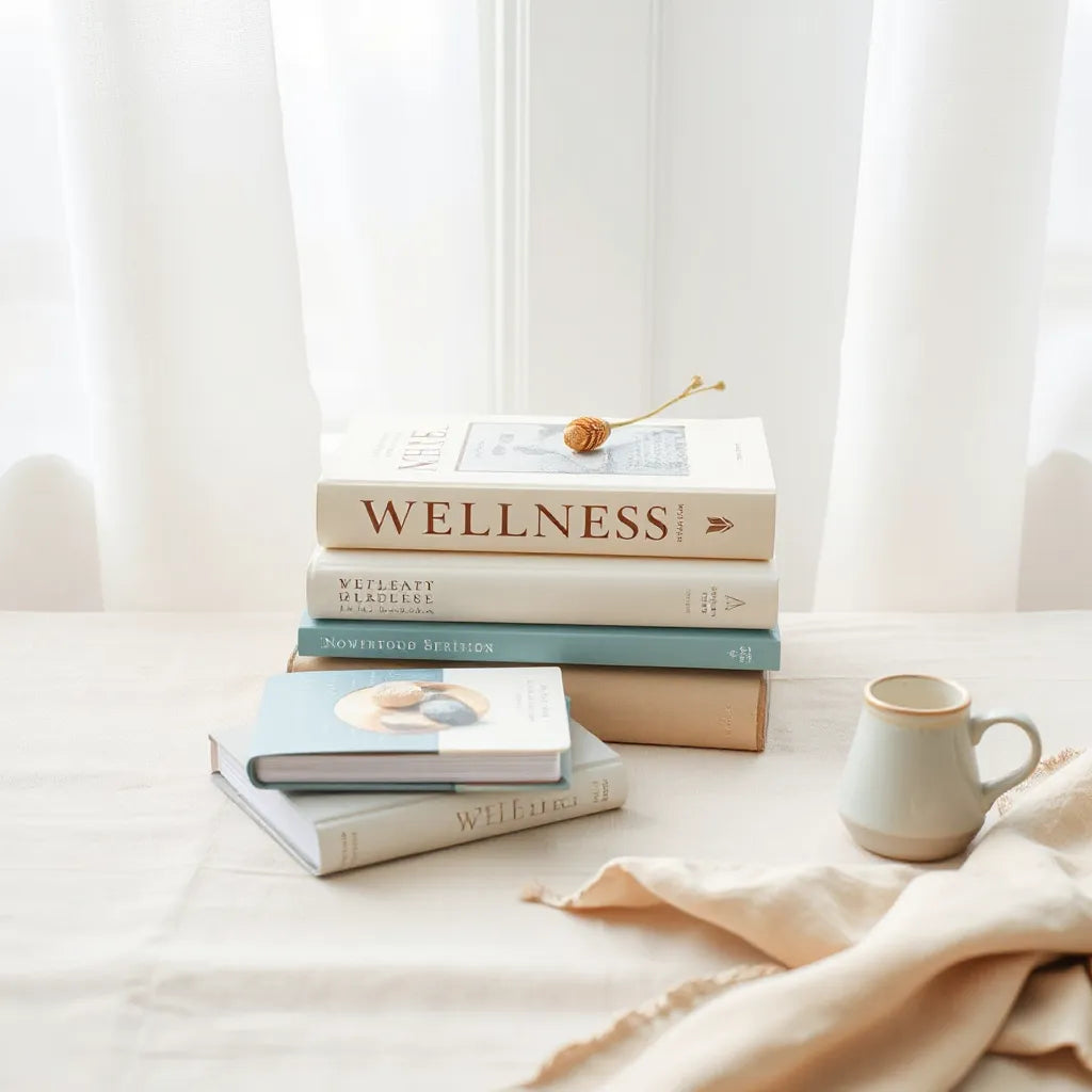 Three neatly arranged wellness books on a light background with soft natural lighting
