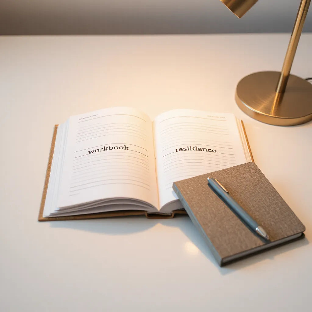 Open workbook with blank pages on a calm desk, pen and warm lamp lighting