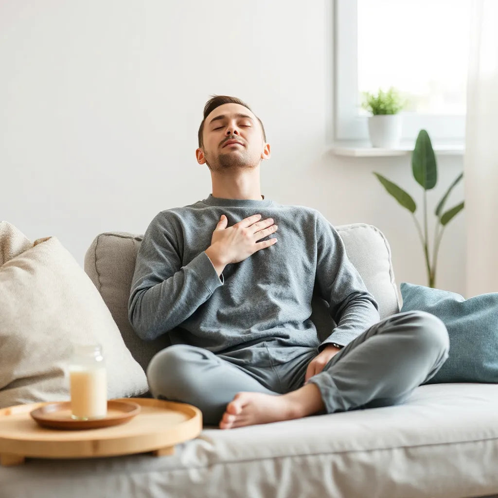 Person seated calmly with eyes closed, hands on chest, breathing steadily in soft natural light