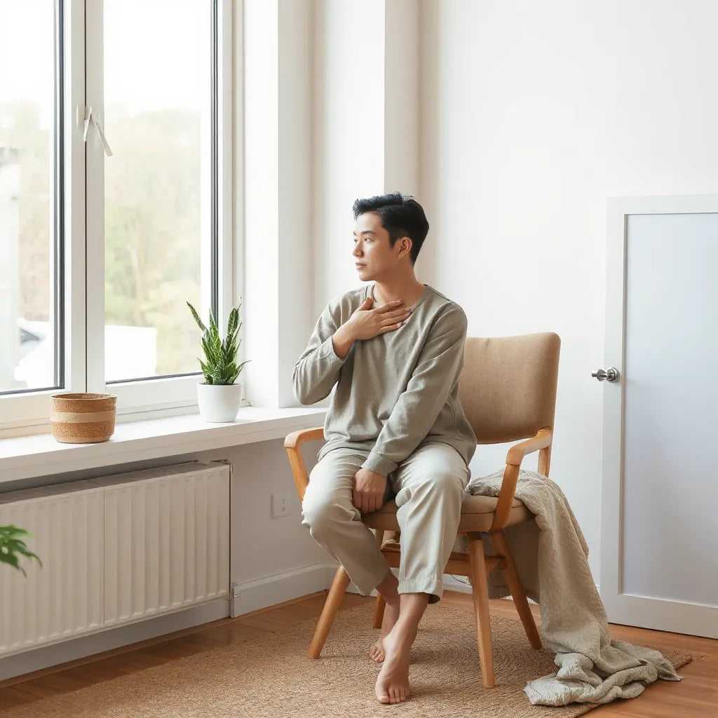 Person sitting by a sunlit window with a hand over the heart, calm and grounded in a simple room