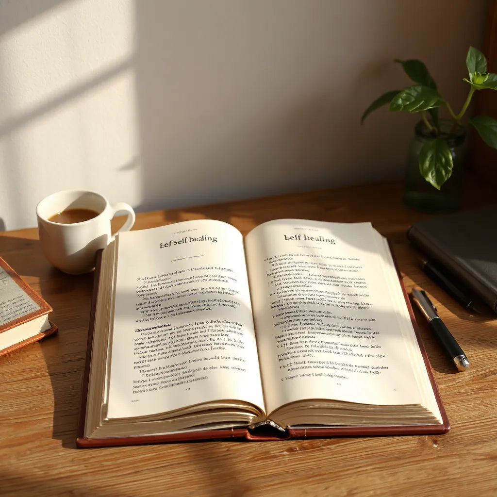 Open book on a wooden desk with warm light and a small journal for inner healing practices