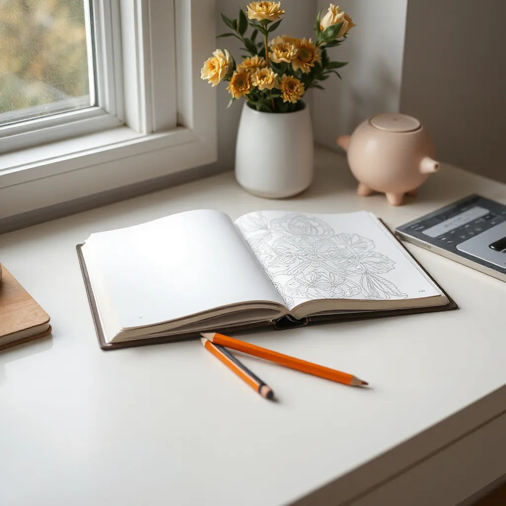 Open coloring journal with patterned pages, colored pencils, and soft window light on a calm desk