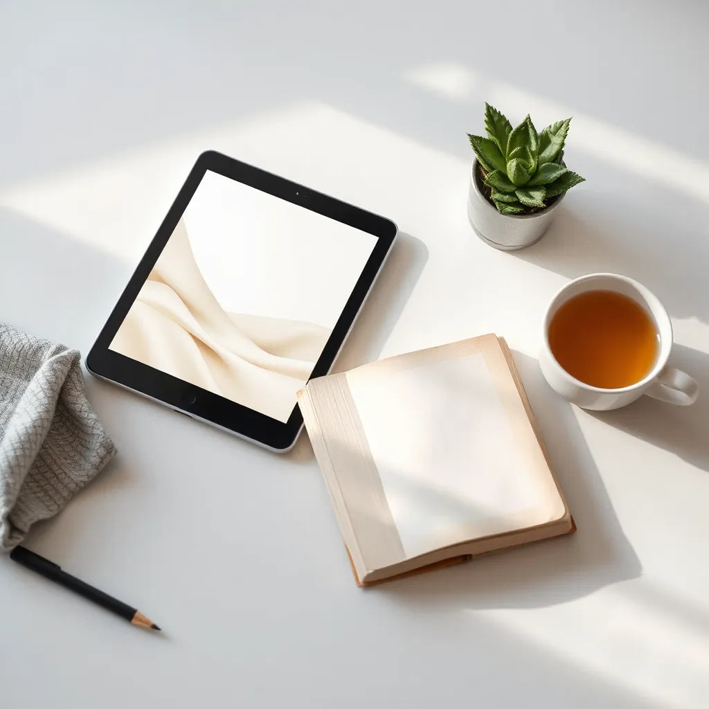 Tablet and open book on a calm desk with warm tea under soft natural light