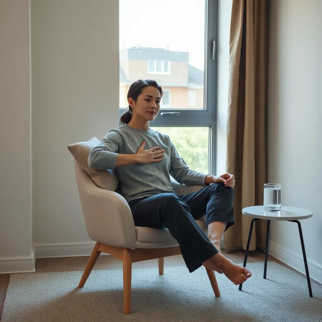 Person practicing calming mental wellness exercises with relaxed posture near a bright window