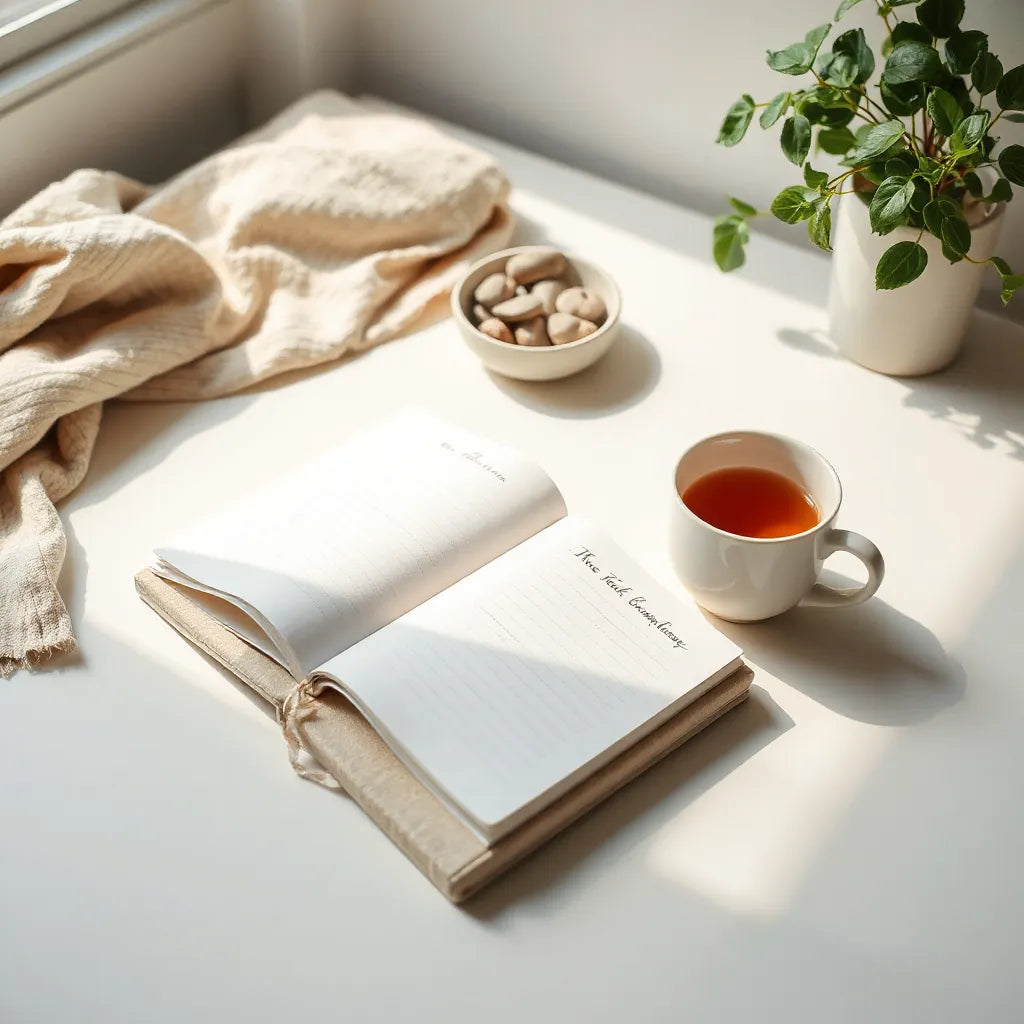 Open workbook on a sunlit desk with calming objects like tea and smooth stones