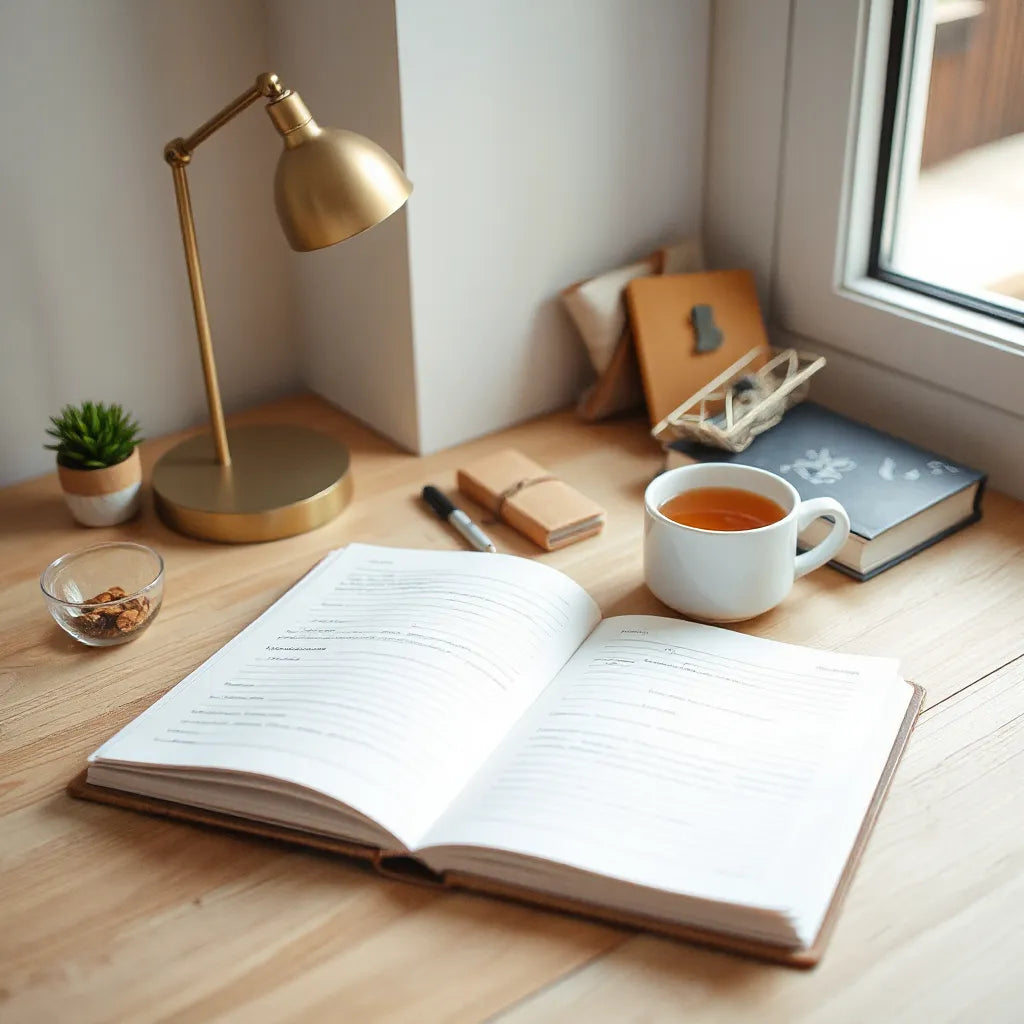 Open self-care workbook on a calm desk with warm light and blank pages